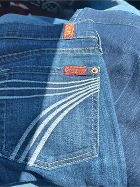 7 For All Mankind Blue Denim Flare Jeans with White Stitching